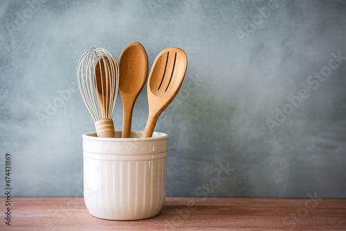 A ceramic utensil crock on a kitchen counter holds an assortment of wooden spoons and whisks photo
