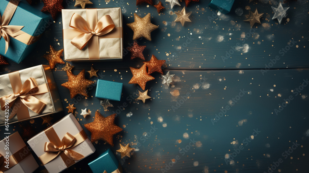 New Year banner with Christmas gift boxes and decorations on color background. New Year banner with Christmas gift boxes and decorations on color background.