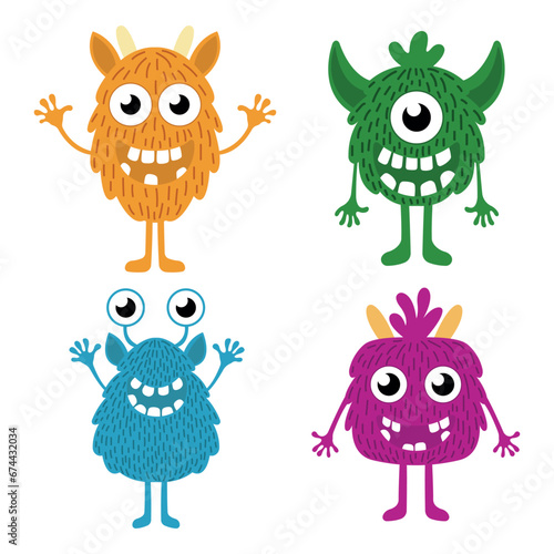 Set of cute fluffy monsters in cartoon style. Vector illustration of different funny colored monsters with teeth, horns, two-eyed and one-eyed isolated on white background. Monsters for Halloween.