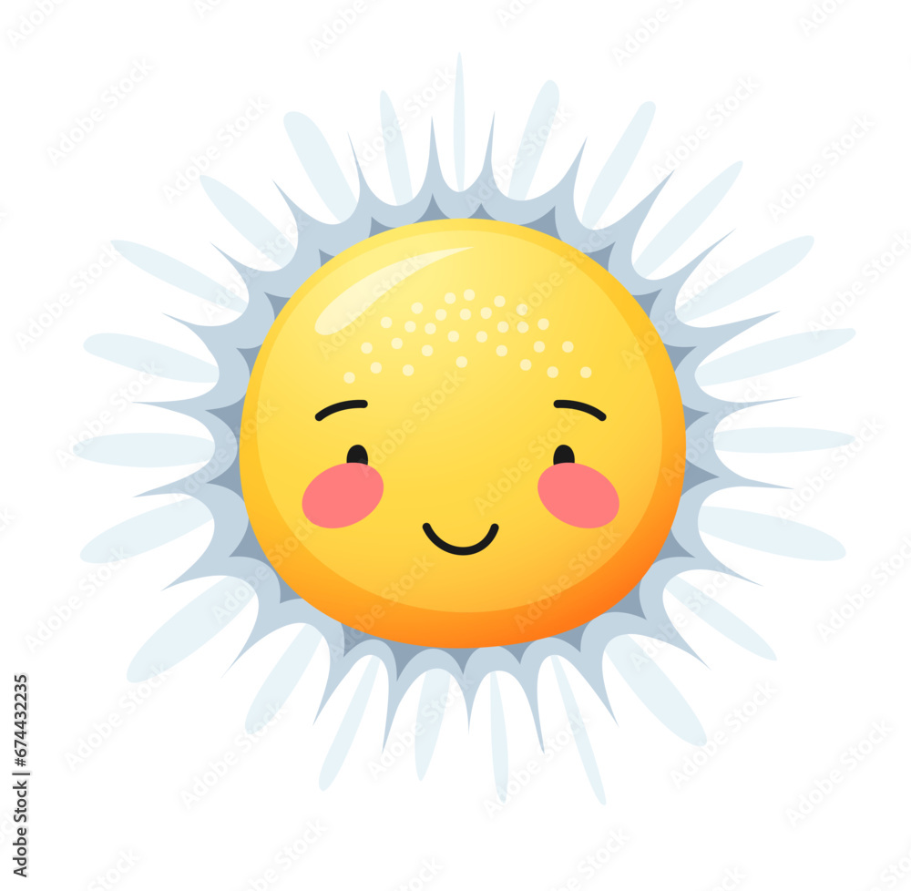 Camomile smile daisy flower character. Cartoon chamomile, isolated funny vector blossom emoji. Cute floral personage with happy smiling face. Kindergarten emblem, positive comic groovy emoticon
