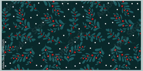 Elegant seamless pattern with winter plant dark green leaves and red berries. 
