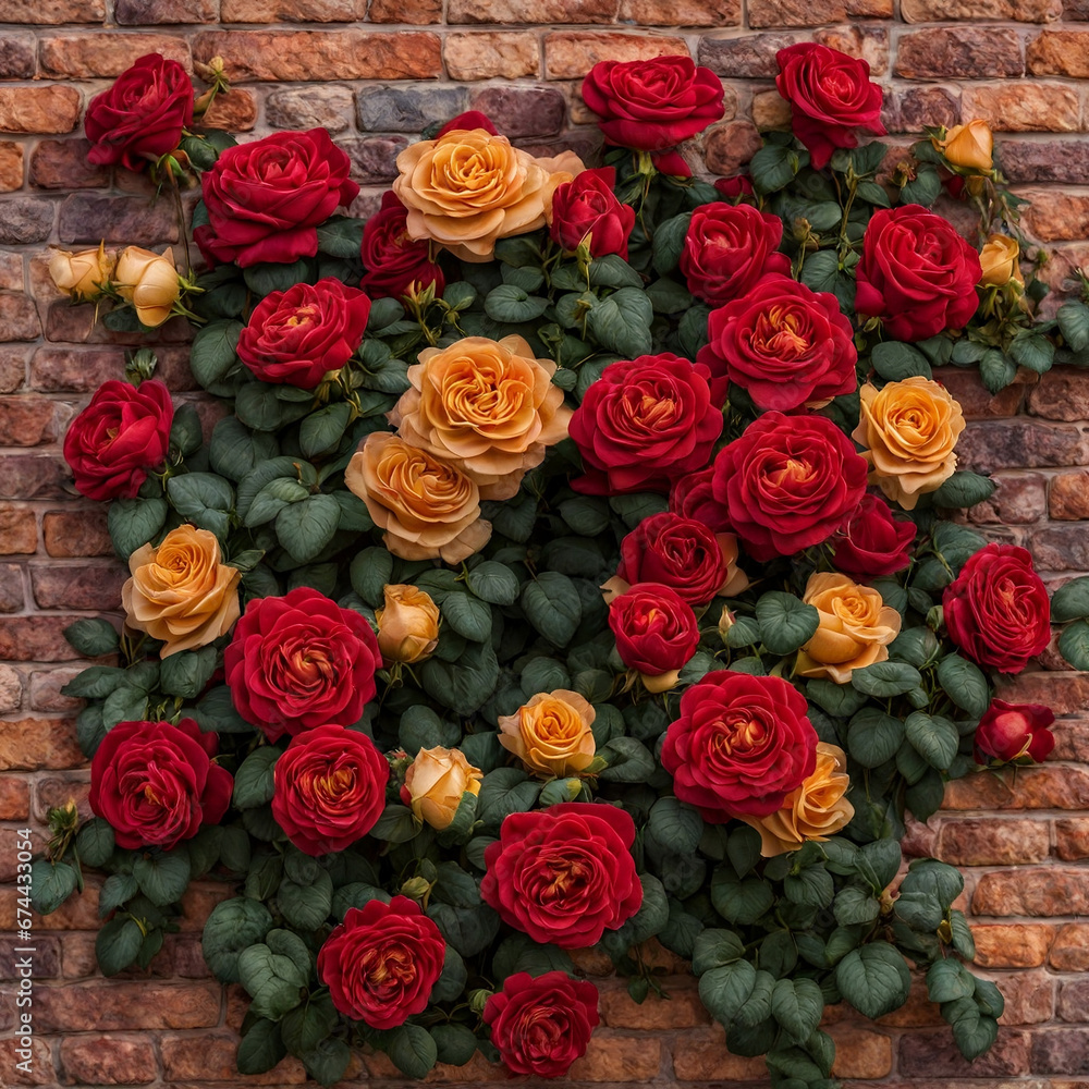 Fototapeta premium bunch of red and orange color roses grown on a brick wall