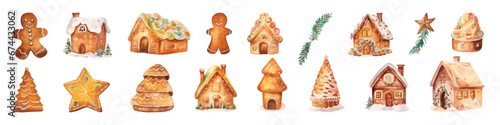 Christmas watercolor gingerbread. Gingerbread house. Winter vector illustration. Sweet cookie collection. 