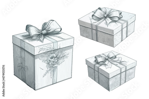 Gift boxes set. Vector hand drawn sketch illustration. Christmas collection. Birthday element.