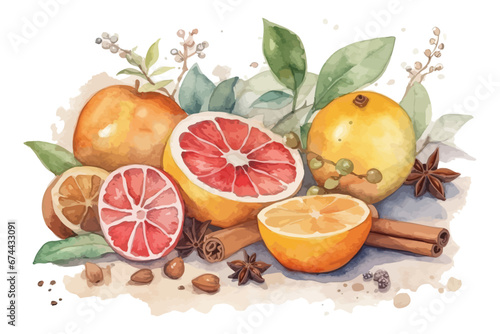 Watercolor illustration with orange and spices. Christmas background. 