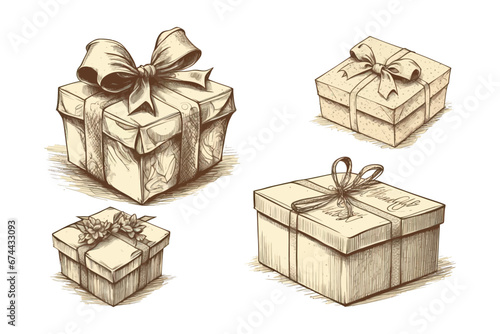 Gift boxes set. Vector hand drawn sketch illustration. Christmas collection. Birthday element.
