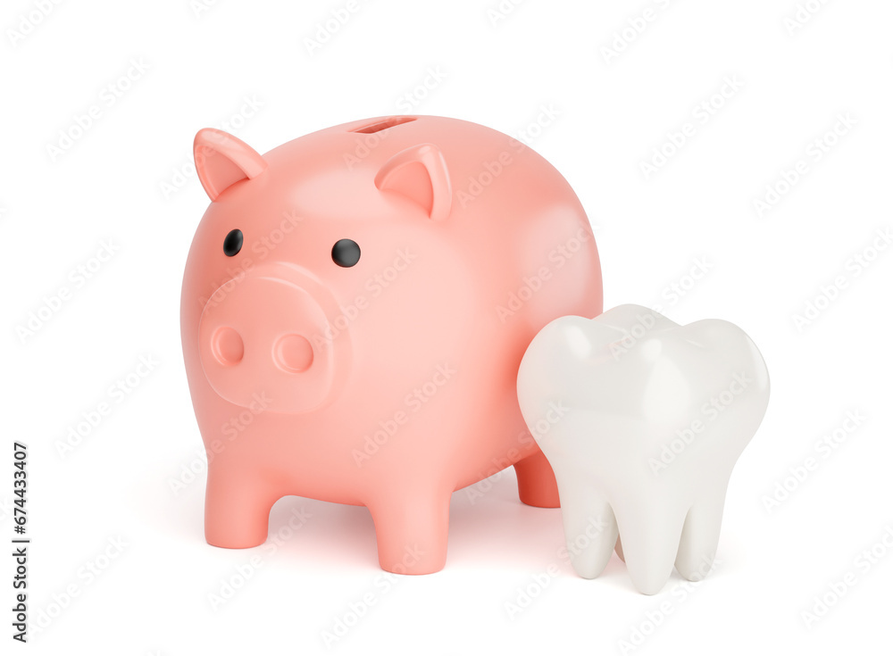 Piggy bank and tooth. Saving the budget for the dentist. isolated on white. 3d render