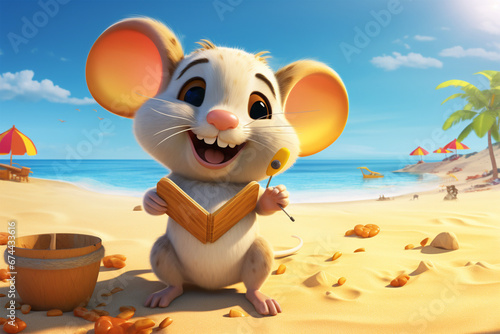cartoon illustration of a cute mouse on the beach photo