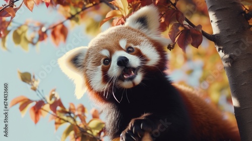A Red Panda adorably hanging from a tree, reaching for a tasty bamboo shoot. photo