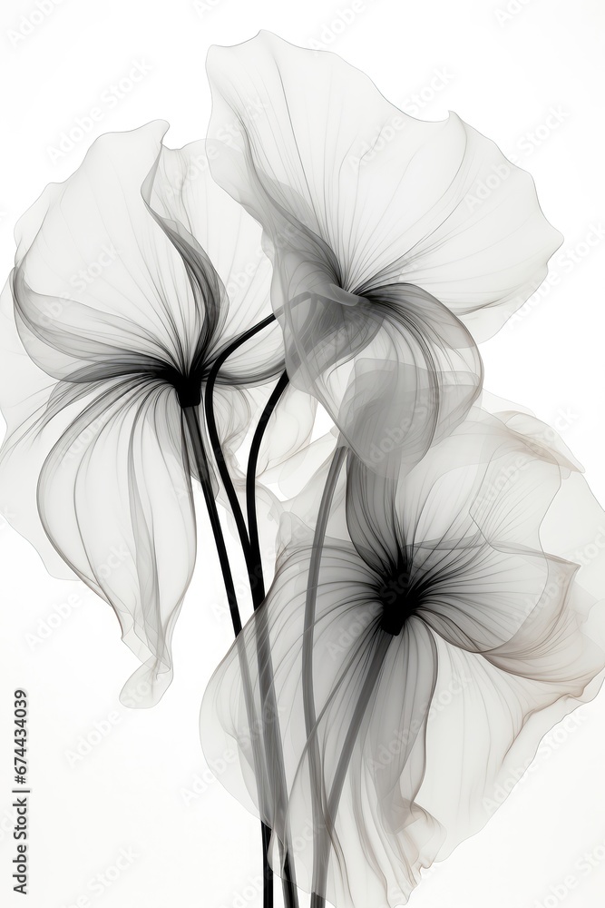 Abstract transparent flowers against a white background convey an ethereal and delicate artistic composition. Photorealistic illustration Abstract transparent flowers against a white background convey an ethereal and delicate artistic composition. Photorealistic illustration