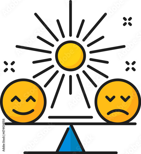 Balance, mental health icon. Vector linear symbol of scales, depicts harmony between emotions, thoughts, and behaviors, fostering overall wellbeing and enhances resilience in the face of challenges