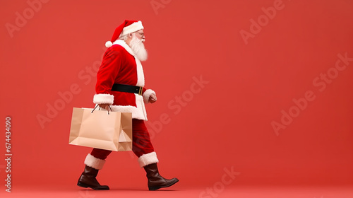 funky fat santa claus hold gift wish bag travel around world on christmas night eve wear x-mas hat suspenders isolated color background photo