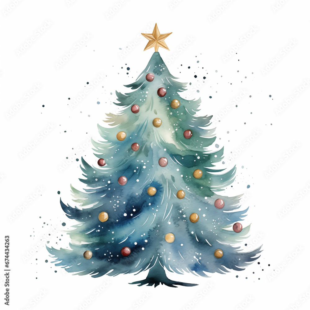 Watercolor Christmas tree with star, hand draw illustration on white background