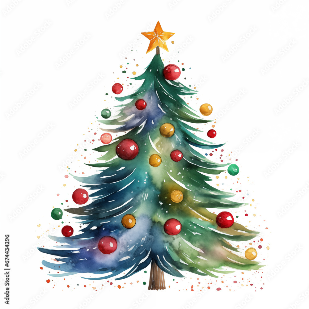 Colorful watercolor Christmas tree, illustration, clipart, single element
