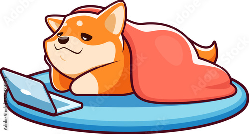 Cartoon happy shiba inu dog character, cute kawaii pet personage lounging on a cozy mat, engrossed in using a laptop, portraying a delightful blend of comfort and technology. Adorable vector animal
