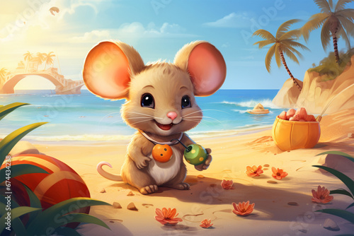 cartoon illustration of a cute mouse on the beach