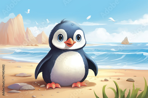 illustration of a cute penguin on the beach