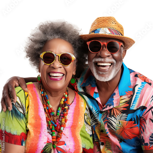 Afro senior couple in vacation clothes, isolated on white or transparent background. AI Generated. © Marcela Ruty Romero