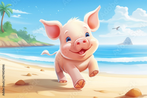 cartoon illustration of a cute pig on the beach