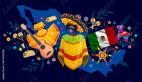 Mexico map with national costumes, food and musical instruments, vector mexican travel, tourism and holidays. Cartoon flag, pinata, sombrero and guitar, maracas, chili peppers, tequila, tex mex taco