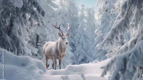A Saola in a winter wonderland, with snow-covered trees and a serene landscape, evoking a sense of peace and solitude.