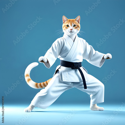 Chat en kimono et ceinture noire, en position d'art martial, karaté, aïkido, judo, Kung-fu - IA générative © CURIOS