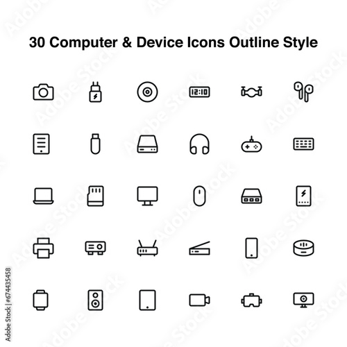 Illustration vector graphic icon of 30 Computer And Device Icons Set. Outline Style Icon. Vector illustration isolated on white background. Perfect for website or application design.