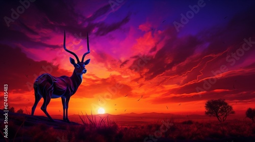 A Saola silhouetted against a dramatic sunset, with the sky ablaze in vivid oranges and purples, creating a breathtaking scene.