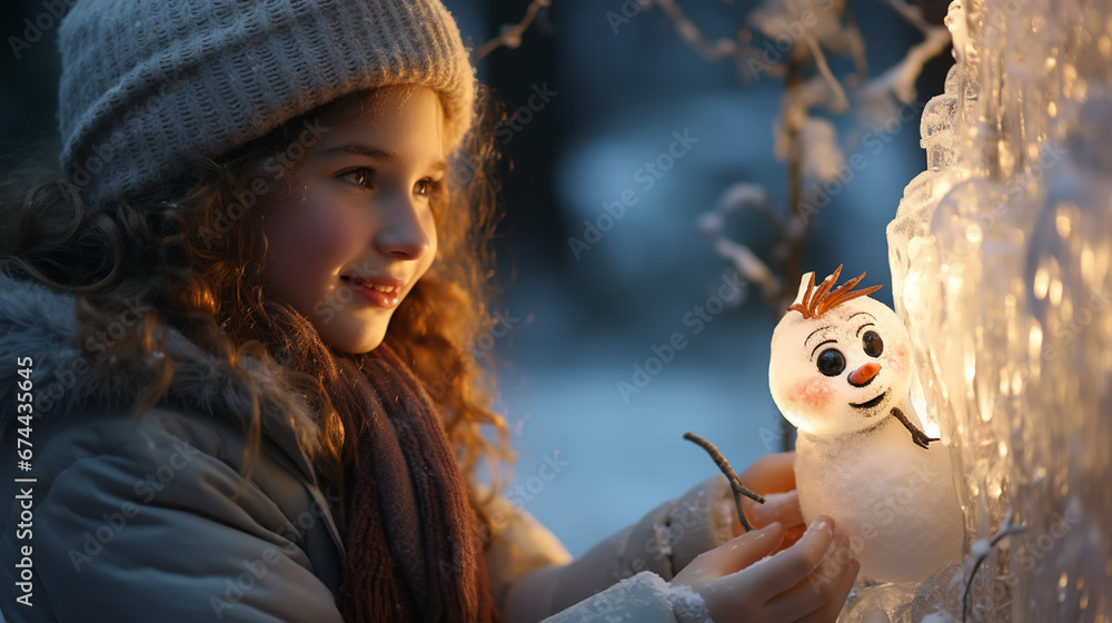 happy child girl plaing with a snowman on a snowy winter walk - obrazy, fototapety, plakaty 