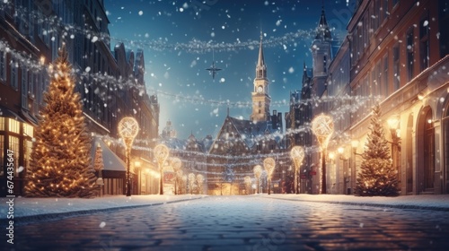 Winter night scene  town square with glowing ornaments  clock tower centerpiece  snowflakes falling. Festive cityscape ambiance.