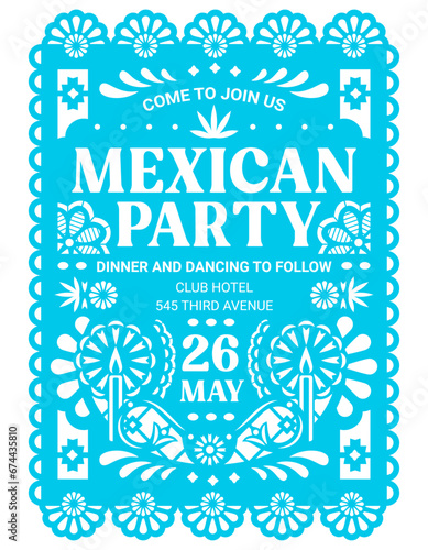 Mexican party flyer papel picado paper cut flag banner. Mexico fiesta carnival invitation, vector flag made of blue color paper with perforated pattern of candles, flowers and ethnic latin ornaments