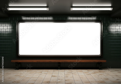 Billboard on dark green underground wall mockup. Large panoramic frame in subway station. Generative Ai