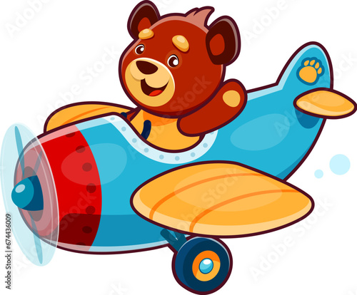 Cartoon cute bear animal character on plane or airplane, kid vector animal pilot. Funny smiling bear aviator or pilot flying on toy airplane for kids mascot or adorable cheerful zoo personage