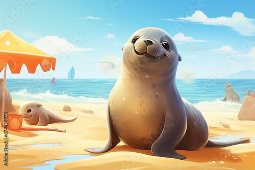 illustration of a cute seal on the beach