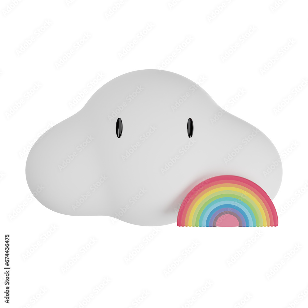 3D render cloud icon and rainbow in cute style on yellow background. 3D render cloud icon and rainbow in cute style on yellow background.