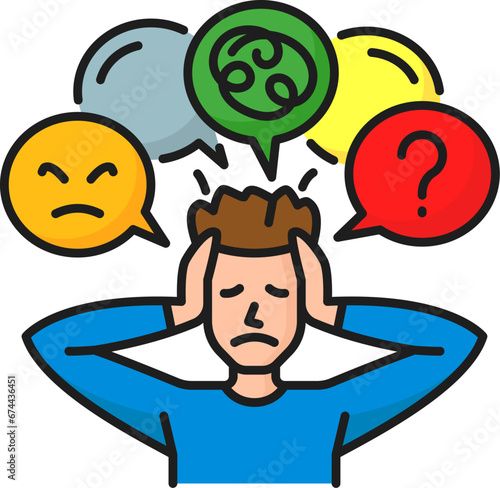 Mental health icon, intrusive thoughts psychological disorder problem. Vector sign of man suffering from persistent thought bubbles with swirling tendrils, unwelcome thought that intrude upon the mind