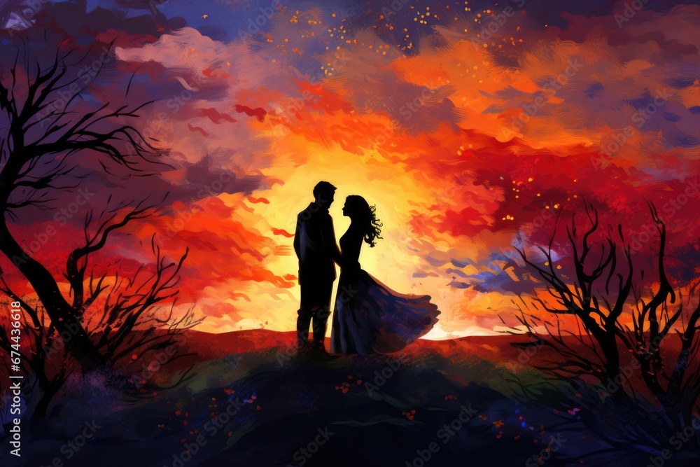 Sunset landscape featuring couple, with fiery sky, sea views, and tree silhouettes adding depth. Romance in wilderness.