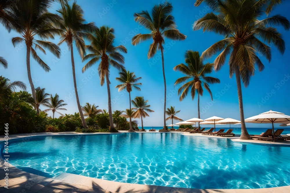 A beach and a sea are close, together with palm trees, a clear sky, and an opulent pool