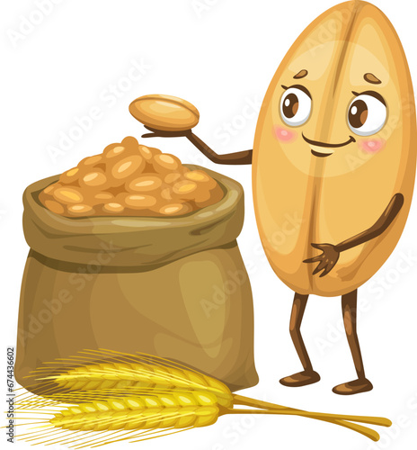 Wheat grain cartoon character or funny cereal seed kernel with harvest bag, isolated vector. Funny cute corn wheat, oat or rye grain personage for bakery bread or organic natural food package