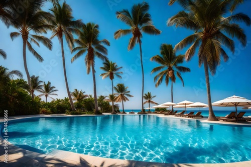 A beach and a sea are close, together with palm trees, a clear sky, and an opulent pool