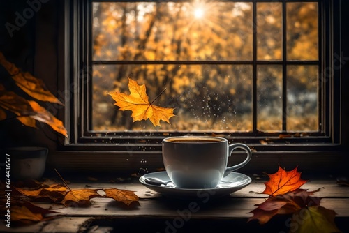A Cup with a beverage and a soggy autumnal window