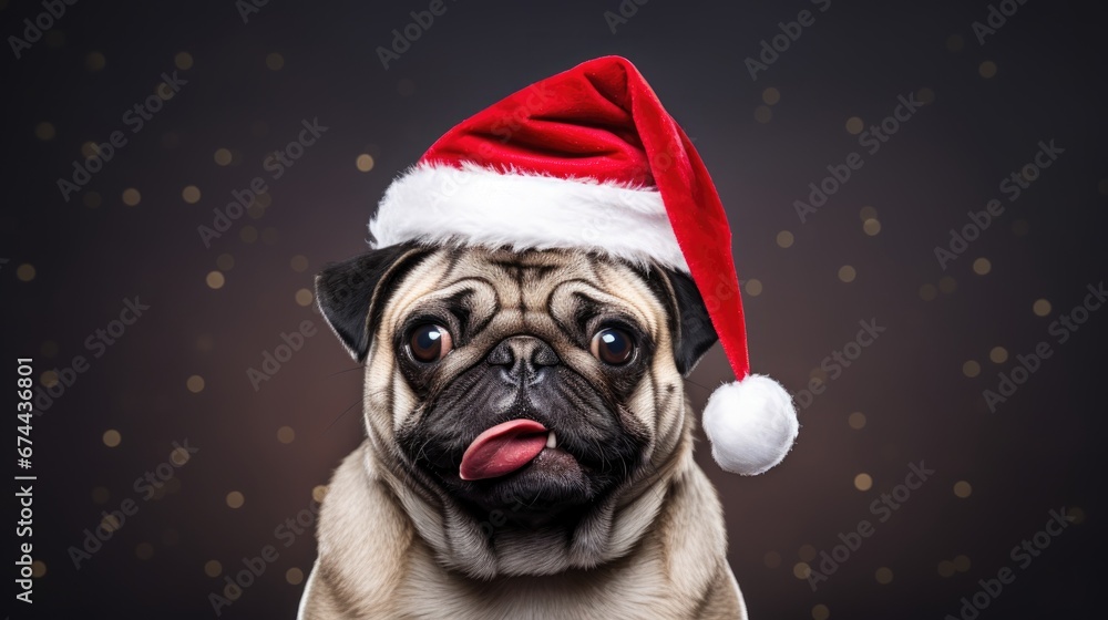 a cute pug dog wearing a festive Christmas cap