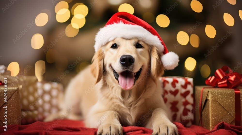 golden retriever, sitting at home, gifts around, christmas time