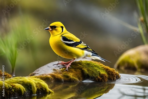 A tiny, male yellow lugano goldfinch sits on a rock near some moss and looks out into a puddle photo