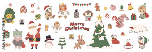 Merry christmas and happy new year concept background vector. Collection drawing of cute animal with reindeer, santa, snowman, penguin, cat. Design suitable for banner, invitation, decoration, kids.