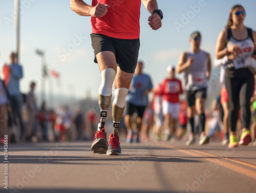 Disabled athlete with an artificial leg running at marathon.