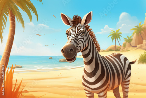 cartoon illustration of a zebra on the beach
