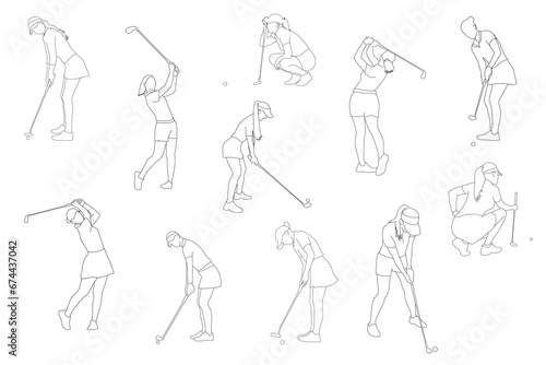 Line art Vector silhouettes of collection of female golf players, equipment for design in trendy flat style isolated on white background. Symbols for designing your website, logo, app, publications.