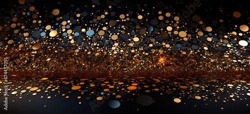 Illustration of bokeh and large colorful circle lights background of bright lights out of focus. Golden glittering particles with bokeh lights on dark background