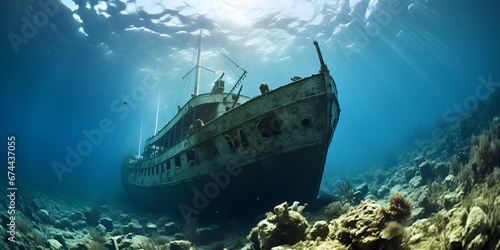 Sunken ship at the bottom of the ocean